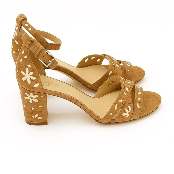 Coach Beige Floral Block Heel Sandals Ankle Strap Sandals Size 9.5 block - Picture 2 of 10